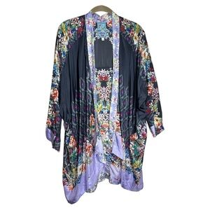 Johnny Was Shae Printed Silk Kimono Floral Mixed Print Purple Black Size Small